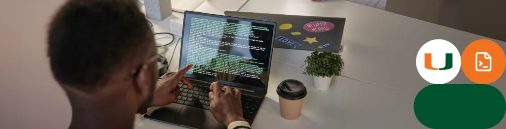 “Person typing on a keyboard with multiple screens displaying code.”

