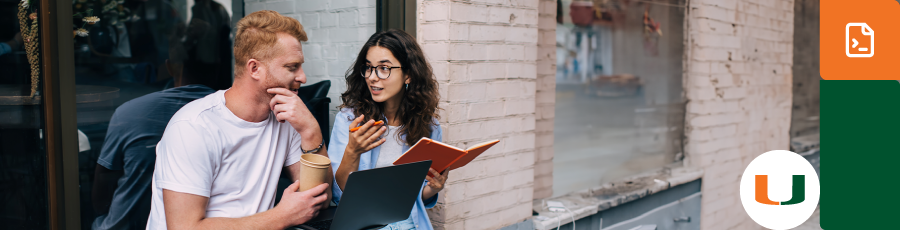 "Two people sitting outside a building, one with a coffee cup and backpack, the other with an open book and laptop."